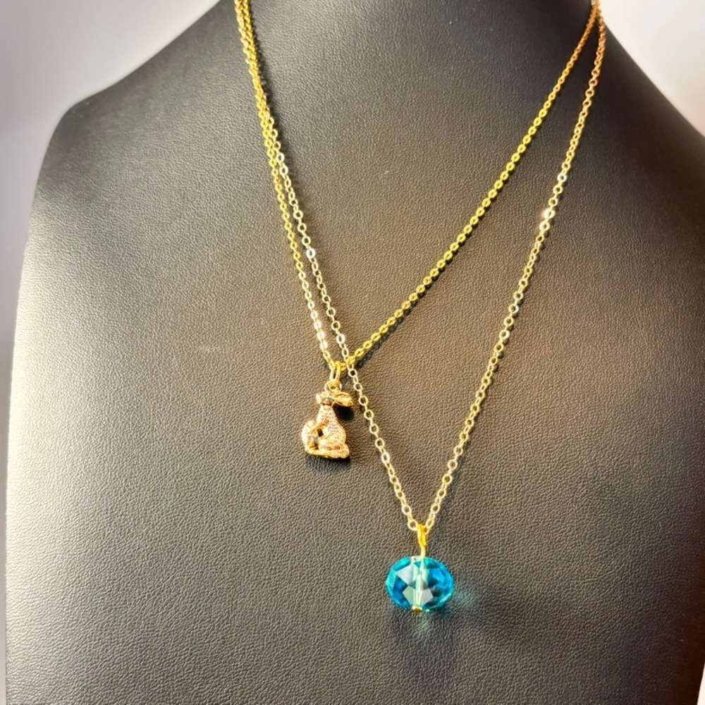 Rabbit Blue Crystal Necklace Set Gold Tone Boho Whimsygoth Cottagecore Layered